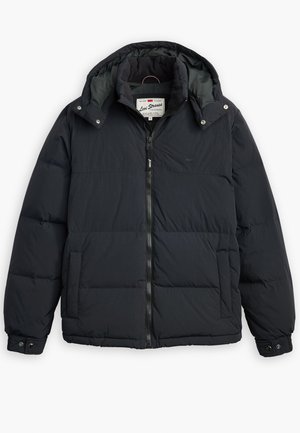 Zwarte donzen jas met een afneembare capuchon, ritssluiting aan de voorkant, zijzakken en elastische mouwen. Bevat gestikte panelen voor isolatie en warmte.