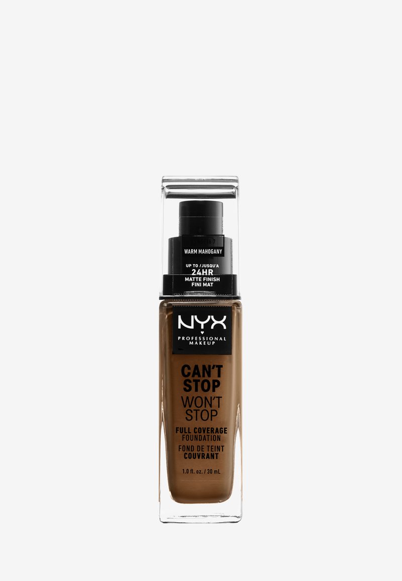 Stiftungsflasche mit klarem rechteckigem Körper und schwarzem Pumpendeckel. Der Etikettentext enthält "Can't Stop Won't Stop", Farbe "Warm Mahogany" und 24-Stunden-Mattenfinish.