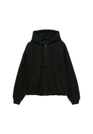 Zwarte zip-up hoodie met een trekkoordkap, oversized pasvorm, voorzakken en geribbelde manchetten. Zachte katoenen stof, minimale merkdetails.