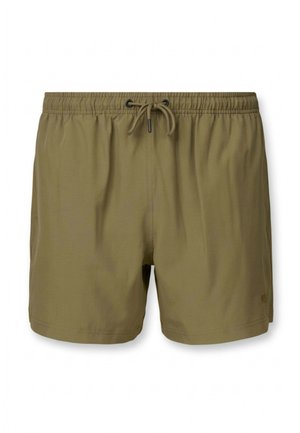 Olivgrüne Herren-Badeshorts mit elastischem Bund und Kordelzug, kurzer Länge und kleinem Logo am unteren rechten Bein.