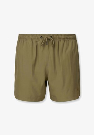 Olijfgroene heren zwemshorts met elastische tailleband en trekkoord, korte lengte en klein logo op het onderste rechterbeen.