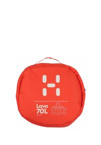 Borsone rosso di forma circolare, con un grande logo bianco "Lava 70L" e grafiche che dettagliano le dimensioni. Include una maniglia per il trasporto.
