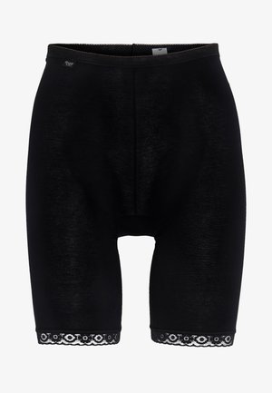 Schwarze hoch taillierte Shorts mit Spitzenbesatz am Saum, gefertigt aus einem glatten, dehnbaren Stoff, der nahtloses Design für zusätzlichen Komfort bietet.