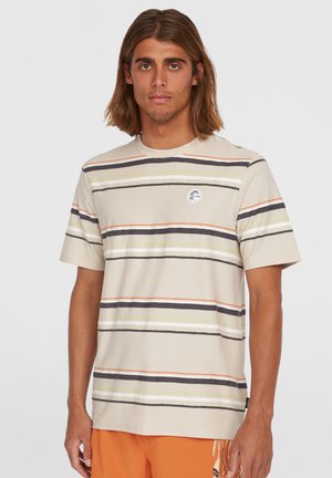 Short-sleeve beige t-shirt with horizontal stripes in black, orange, yellow, and green. Features a round neck and logo patch on the chest.