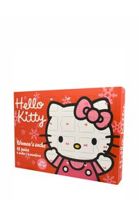 Red box featuring 12 pairs of women's socks. Decorated with a large Hello Kitty graphic, snowflakes, and a pink bow. Size 35-41.