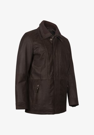 Braune Lederjacke mit hohem Kragen, Frontreißverschluss, zwei Seitentaschen und glatter Textur mit Paneleinsätzen.