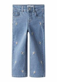 Jeans de denim azul claro con diseños bordados de conos de helado, cinco bolsillos y corte recto. Costuras clásicas en todo.
