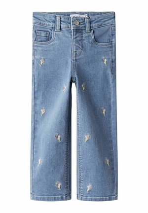 Jean en denim bleu clair avec des motifs de cônes de glace brodés, cinq poches et coupe droite. Couture classique sur tout le vêtement.