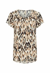 Short-sleeve top in a lightweight fabric features a beige, brown, and black abstract animal print. Rounded neckline with subtle gathering detail.