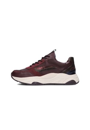 Maroon sneakers with mesh and suede panels, featuring a metallic accent, thick white midsole, and textured black heel detail.