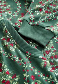 Pulover verde cu model floral, având fructe de pădure și flori roșii. Mansete și guler ribbate. Textură moale, formă rotundă.