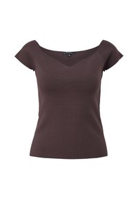 Haut ajusté à manches courtes de couleur brun foncé avec un large col en V et une texture côtelée subtile, taille 36, étiquette "comma," présentée sur fond blanc.