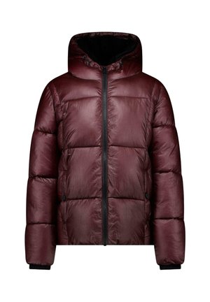 Gewatteerde bordeauxrode winterjas met capuchon, zwarte rits, zijzakken en lange mouwen met geribde boorden.