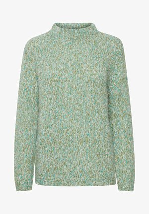 Gaiši zaļš adīts džemperis ar teksturētu rakstu, nedaudz paceltu apkakli un garām piedurknēm. Mīksts materiāls ar ziliem un dzelteniem plankumiem.