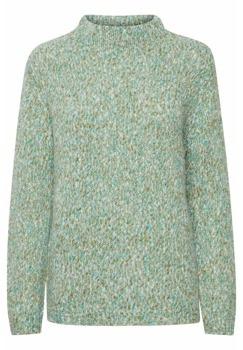 Suéter de punto verde claro con un patrón texturizado, cuello ligeramente elevado y mangas largas. Material suave con motas de azul y amarillo.