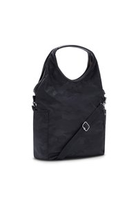 Borsone nero con camouflage, dotato di parte superiore arrotondata, tracolla regolabile, tessuto liscio, tasca laterale e finitura leggermente lucida.