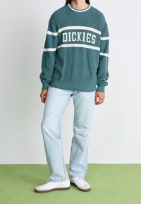 Svetrový svetr s texturou vaflového úpletu v barvě tyrkysové s bílými pruhy a logem "DICKIES", doplněný světlými modrými džíny s přímými nohavicemi a bílými teniskami.