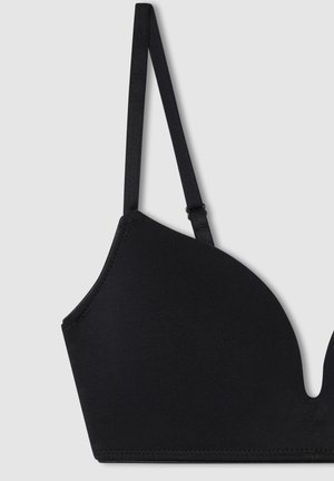 Brassiere nero senza fili realizzato in tessuto morbido, con superficie liscia, spalline regolabili e scollatura profonda. Nessuna ferramenta visibile.