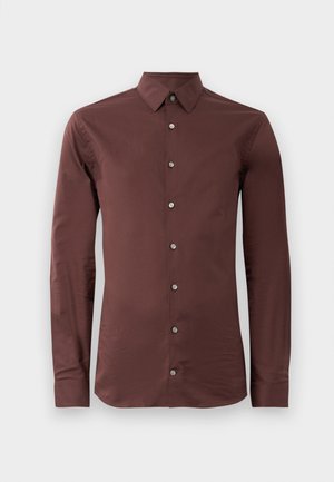 Long-sleeve shirt in a deep burgundy color, made of smooth fabric, featuring a pointed collar and six silver buttons down the front.