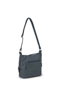 Mørkeblå faux læder crossbody taske med justerbar rem, lynlåslommer, struktureret finish og sølvtonede hardware detaljer.