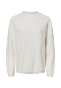 Weiße, langärmelige Strickjacke mit rundem Halsausschnitt, ausgestattet mit einem strukturierten Stoff und gerippten Bündchen sowie Saum. Minimalistisches Design, keine sichtbaren Logos.