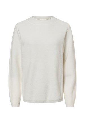 White, long-sleeve sweater with a round neck, featuring a textured fabric and ribbed cuffs and hem. Minimalist design, no visible logos.