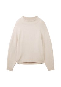 Pull en maille côtelée beige avec un col montant, des épaules tombantes et une coupe décontractée. Il présente un ourlet légèrement arrondi à l'arrière.