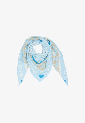 Blue scarf with a light blue base, beige leopard print, and white text reading "love." Features solid blue hearts as accents.