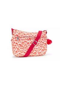Borsa a tracolla con stampa leopardata rosa e arancione, realizzata in tessuto. Presenta una tracolla rossa, chiusura a zip e un accento in pom-pom.