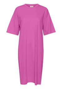 Vaaleanpunainen ylipitkä t-paitamekko, jossa on lyhyet hihat, pehmeästä kankaasta valmistettu, pyöreällä kaula-aukolla ja rentolla leikkauksella, saavuttaen polven puolivälin.