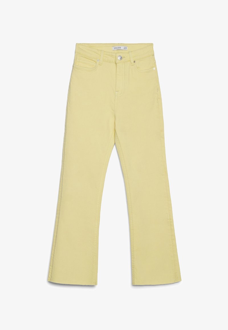 Pantaloni giallo chiaro a vita alta con chiusura frontale con bottoni e zip, passanti per cintura e gambe leggermente svasate.