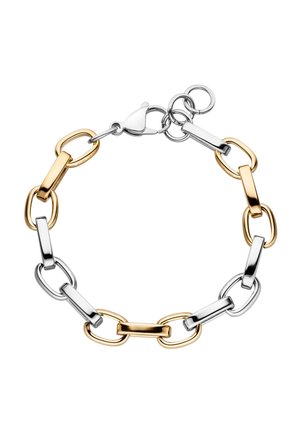 Das Armband besteht aus abwechselnd silbernen und goldenen Metallgliedern mit einer polierten Oberfläche. Es beinhaltet einen Karabinerverschluss und eine verstellbare Kettenverlängerung.