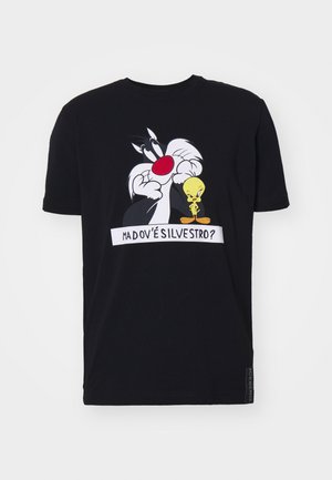 Sort bomulds t-shirt med et grafisk print af Sylvester og Tweety med en taleboble, afslappet pasform og korte ærmer.