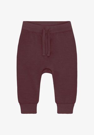 Pantaloni per neonati color bordeaux con elastico in vita, coulisse e polsini a costine, realizzati in tessuto morbido ed elastico.