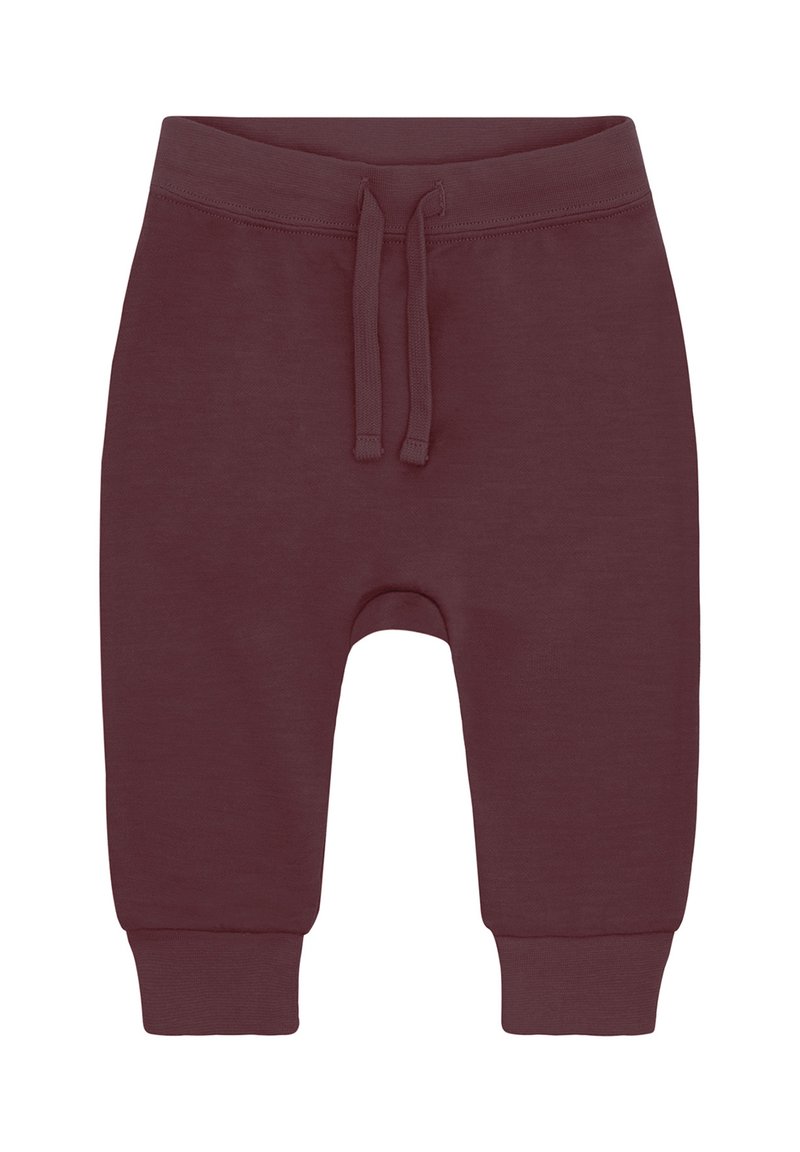 Burgunderfarbene Babyhosen mit elastischem Bund, Kordelzug und gerippten Bündchen, aus weichem, dehnbarem Stoff.