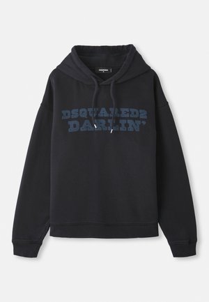 Navy blue hoodie made of cotton blend, featuring a front graphic "DSQUARED2 DARLIN’" in dark blue. Drawstring hood and ribbed hemline.