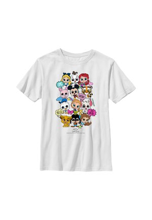 Hvid T-shirt med farverige tegneserieansigter af forskellige dyr og figurer med talebobler, der siger "OMG," "WOW," "HELLO," og "EYES ON YOU."