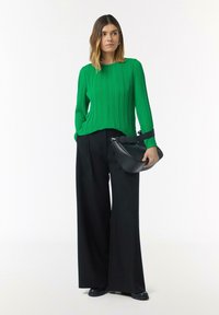 Haut vert plissé à manches longues associé à un pantalon noir ample. Le modèle tient un sac noir incurvé avec un accent argenté. Tissu lisse, design moderne.