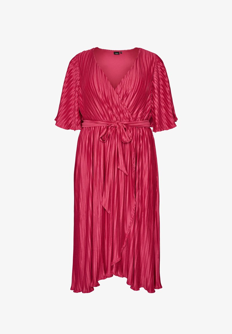 Rotes plissiertes Midikleid mit V-Ausschnitt, kurzen Flatterärmeln, Wickeloptik vorn und selbstbindendem Taillengürtel aus glänzendem, strukturiertem Stoff.