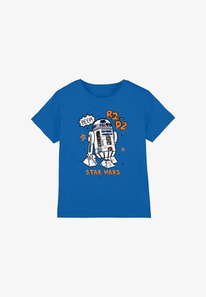 Blue cotton T-shirt featuring a cartoon illustration of R2-D2, with "BEEP!" and "R2-D2 STAR WARS" text, accented by stars and dots.