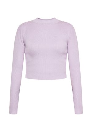 Lila langärmliges, geripptes Cropped Top mit Rundhalsausschnitt, das ein strukturiertes Strickmuster und eine enganliegende Silhouette aufweist.