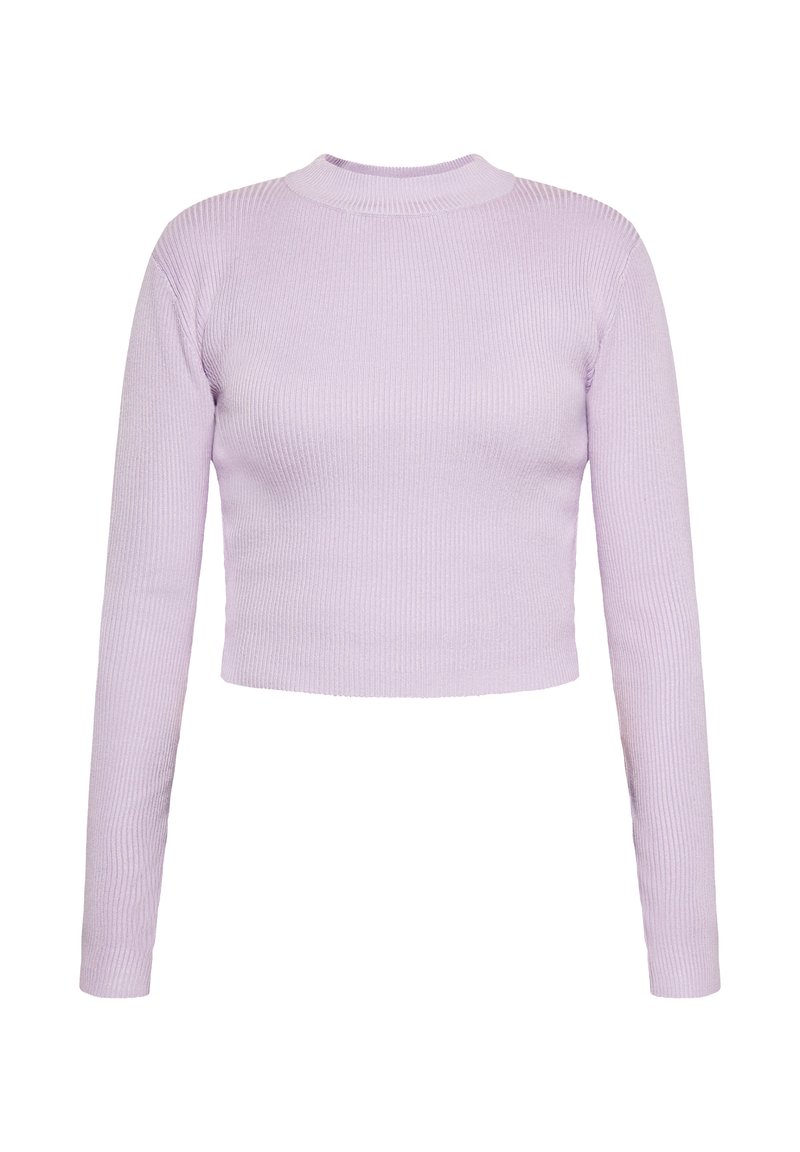 Top cropped lung cu mânecă lungă, de culoare liliachie, cu un guler rotund, care prezintă un model tricotat texturat și o siluetă ajustată.