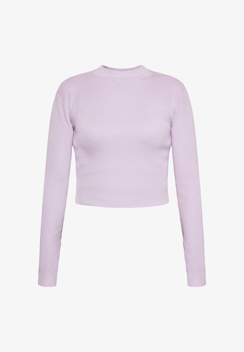 Lila langärmliges, geripptes Cropped Top mit Rundhalsausschnitt, das ein strukturiertes Strickmuster und eine enganliegende Silhouette aufweist.