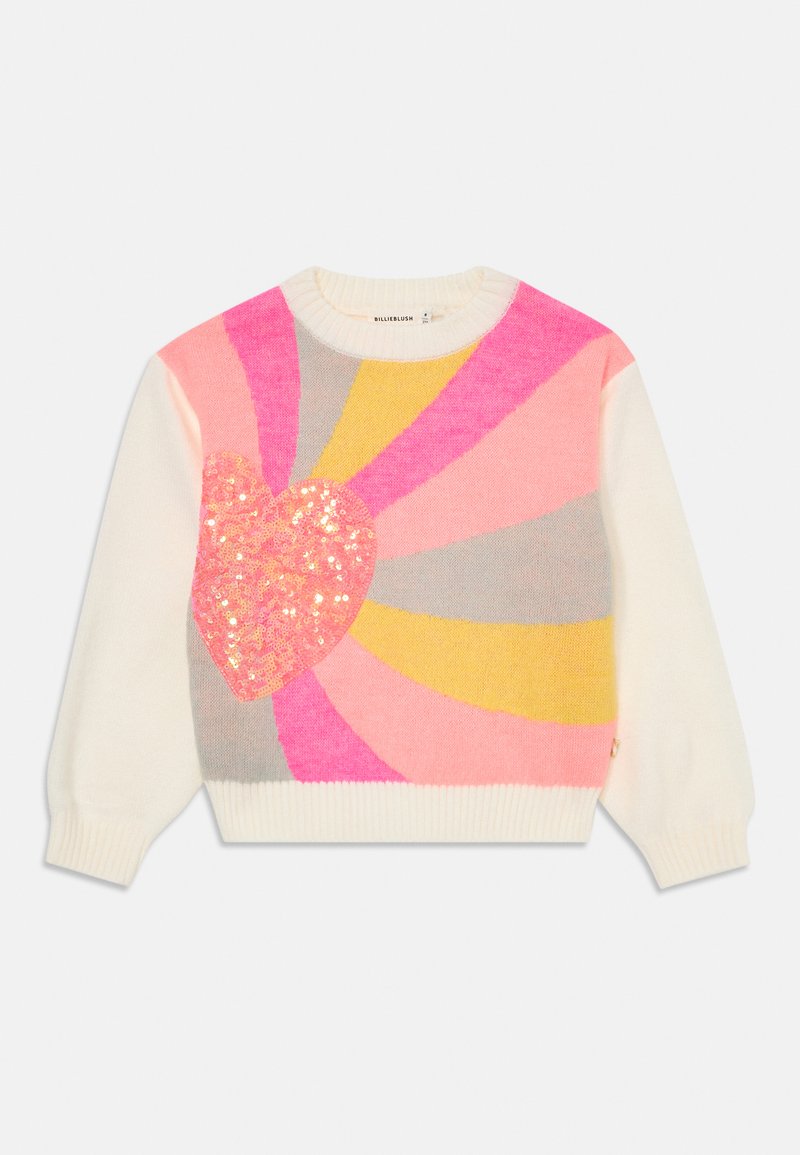 Cremefarbener Pullover mit langen Ärmeln, der bunte rosa, gelbe und graue Strahlen sowie ein großes, mit Pailletten besetztes Herz in Pink auf der Vorderseite zeigt.