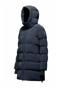 Marineblauw pufferjack met capuchon, met een gewatteerd ontwerp, lange mouwen en een rits aan de voorkant. Zacht textuur en cuffs die verlengd zijn voor extra warmte.