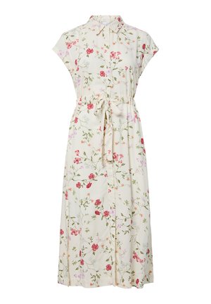 Crèmekleurige midi-jurk met knopen, korte mouwen, rood en roze bloemenprint, kraag en een strikceintuur in de taille.