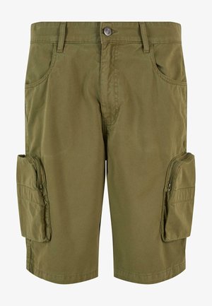 Pantaloni cargo verde oliva realizzati in tessuto resistente, dotati di due tasche cargo laterali con zip e tasche anteriori standard.