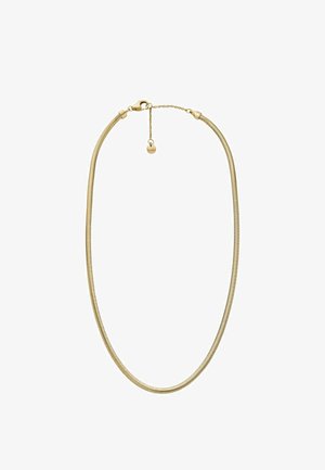 Guldtonet slangekæde med et glat, fleksibelt design. Har en klipslås og en justerbar længde med en lille tagdetalje.