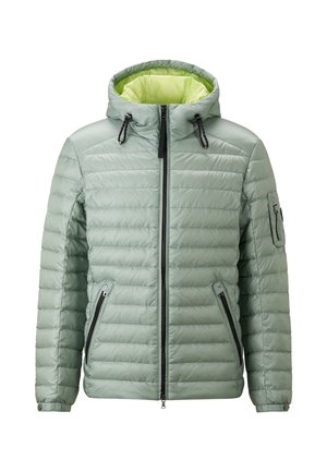 Lichtgroene pufferjas met capuchon, voorzien van een geborduurde ontwerp, rits aan de voorkant, zijzakken en contrasterende limoengroene voering.