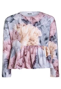 Dlouhý rukáv top s peplum lemem, vyrobený z měkké tkaniny. Obsahuje květinový potisk v růžových, béžových a šedých tónech s volánkovými texturami.